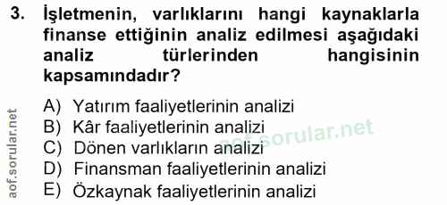 3. soru: İşletmenin, varlıklarını hangi kaynaklarla finanse ettiğinin analiz edilmesi aşağıdaki analiz türlerinden hangisinin…