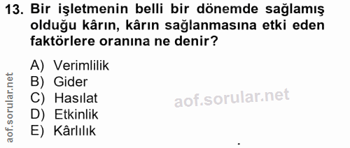 13. soru: Bir işletmenin belli bir dönemde sağlamış olduğu kârın, kârın sağlanmasına etki eden faktörlere oranına ne denir? A)…