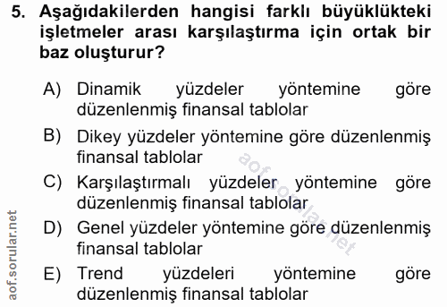 5. soru: Aşağıdakilerden hangisi farklı büyüklükteki işletmeler arası karşılaştırma için ortak bir baz oluşturur? A) Dinamik y…