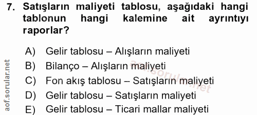 7. soru: Satışların maliyeti tablosu, aşağıdaki hangi tablonun hangi kalemine ait ayrıntıyı raporlar? A) Gelir tablosu - Alışl…