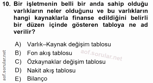 10. soru: Bir işletmenin belli bir anda sahip olduğu varlıkların neler olduğunu ve bu varlıkların hangi kaynaklarla finanse edi…