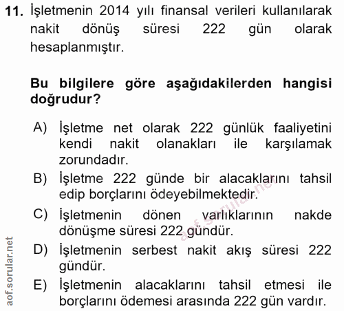 11. soru: İşletmenin 2014 yılı finansal verileri kullanılarak nakit dönüş süresi 222 gün olarak hesaplanmıştır. Bu bilgilere gö…