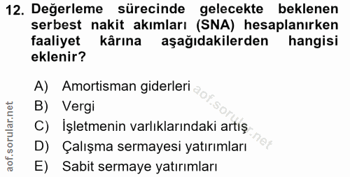 12. soru: Değerleme sürecinde gelecekte beklenen serbest nakit akımları (SNA) hesaplanırken faaliyet kârına aşağıdakilerden han…