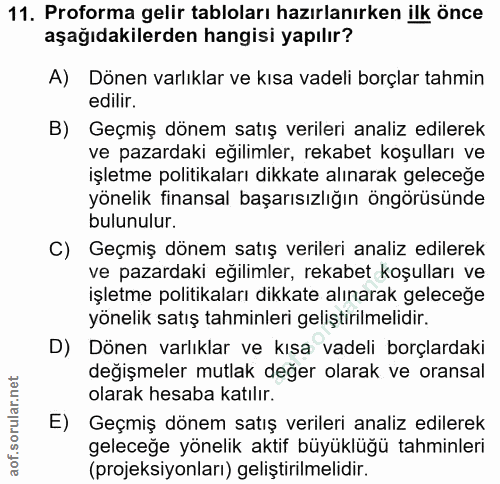 11. soru: Proforma gelir tabloları hazırlanırken ilk önce aşağıdakilerden hangisi yapılır? A) Dönen varlıklar ve kısa vadeli bo…