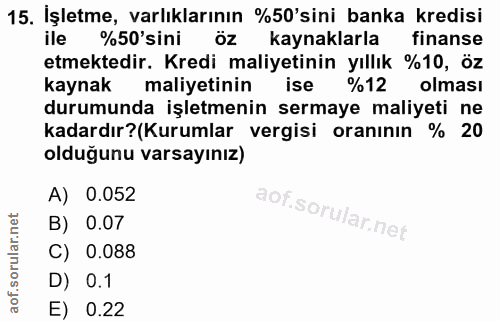 15. soru: İşletme, varlıklarının %50'sini banka kredisi ile %50'sini öz kaynaklarla finanse etmektedir. Kredi maliyetinin yıllı…