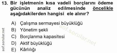 13. soru: Bir işletmenin kısa vadeli borçlarını ödeme gücünün analiz edilmesinde öncelikle aşağıdakilerden hangisi ele alınır?…