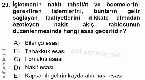 20. soru: İşletmenin nakit tahsilât ve ödemelerini gerektiren işlemlerini, bunların gelir sağlayan faaliyetlerini dikkate almad…