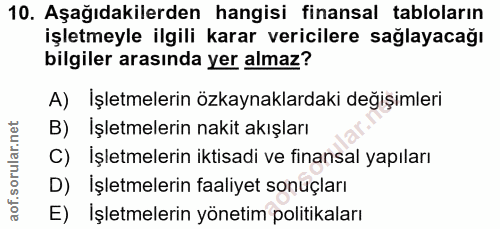 10. soru: Aşağıdakilerden hangisi finansal tabloların işletmeyle ilgili karar vericilere sağlayacağı bilgiler arasında yer alma…