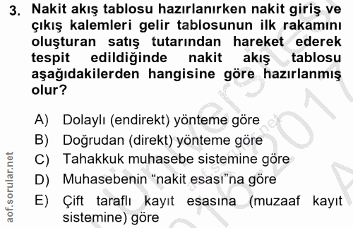 3. soru: Nakit akış tablosu hazırlanırken nakit giriş ve çıkış kalemleri gelir tablosunun ilk rakamını oluşturan satış tutarın…