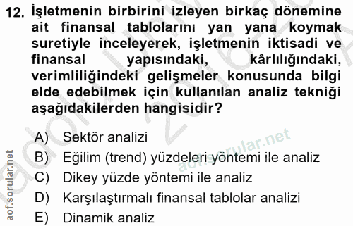 12. soru: İşletmenin birbirini izleyen birkaç dönemine ait finansal tablolarını yan yana koymak suretiyle inceleyerek, işletmen…
