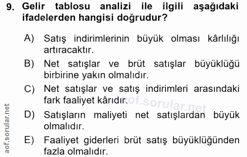9. soru: Gelir tablosu analizi ile ilgili aşağıdaki ifadelerden hangisi doğrudur? A) Satış indirimlerinin büyük olması kârlılı…