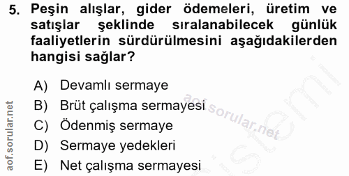 5. soru: Peşin alışlar, gider ödemeleri, üretim ve satışlar şeklinde sıralanabilecek günlük faaliyetlerin sürdürülmesini aşağı…