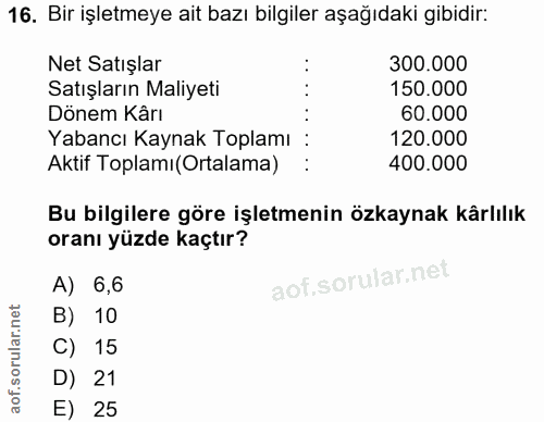 16. soru: Bir işletmeye ait bazı bilgiler aşağıdaki gibidir: Net Satışlar 300.000 Satışların Maliyeti 150.000 Dönem Kârı 60.000…