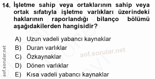 14. soru: İşletme sahip veya ortaklarının sahip veya ortak sıfatıyla işletme varlıkları üzerindeki haklarının raporlandığı bila…