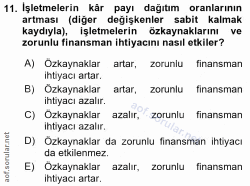 11. soru: İşletmelerin kâr payı dağıtım oranlarının artması (diğer değişkenler sabit kalmak kaydıyla), işletmelerin özkaynaklar…