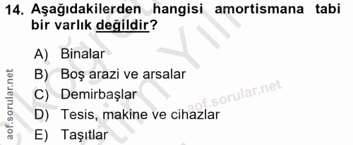 14. soru: Aşağıdakilerden hangisi amortismana tabi bir varlık değildir? A) Binalar B) Boş arazi ve arsalar orular.net C) Demirb…