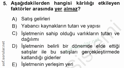 5. soru: Aşağıdakilerden hangisi kârlılığı etkileyen faktörler arasında yer almaz? A) Satış gelirleri B) Yabancı kaynakların t…