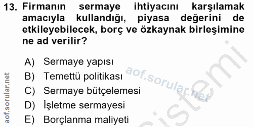 13. soru: Firmanın sermaye ihtiyacını karşılamak amacıyla kullandığı, piyasa değerini de etkileyebilecek, borç ve özkaynak birl…
