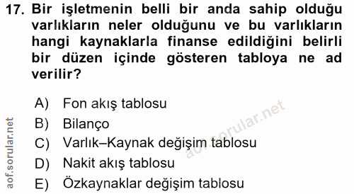17. soru: Bir işletmenin belli bir anda sahip olduğu varlıkların neler olduğunu ve bu varlıkların hangi kaynaklarla finanse edi…