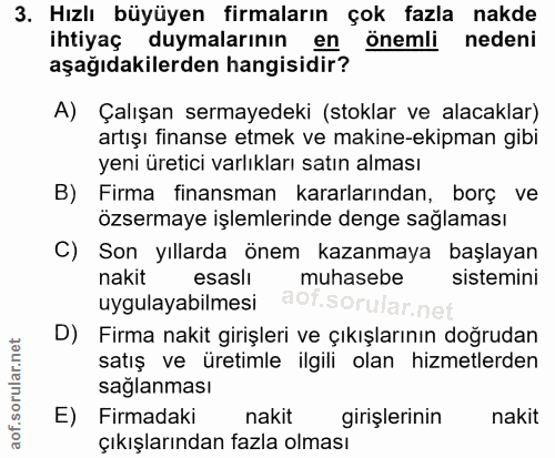 3. soru: Hızlı büyüyen firmaların çok fazla nakde ihtiyaç duymalarının en önemli nedeni aşağıdakilerden hangisidir? A) Çalışan…