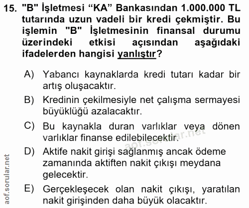 15. soru: "B" İşletmesi "KA" Bankasından 1.000.000 TL tutarında uzun vadeli bir kredi çekmiştir. Bu işlemin "B" İşletmesinin fi…