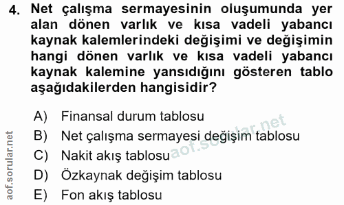 4. soru: Net çalışma sermayesinin oluşumunda yer alan dönen varlık ve kısa vadeli yabancı kaynak kalemlerindeki değişimi ve de…