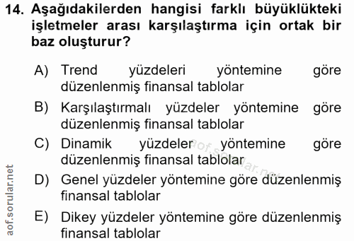 14. soru: Aşağıdakilerden hangisi farklı büyüklükteki işletmeler arası karşılaştırma için ortak bir baz oluşturur? A) Trend yüz…