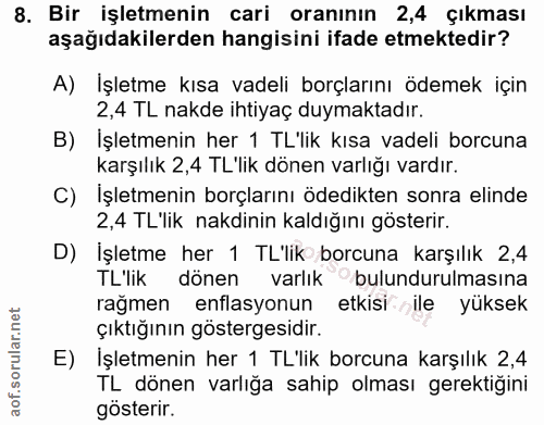 8. soru: Bir işletmenin cari oranının 2,4 çıkması aşağıdakilerden hangisini ifade etmektedir? A) Işletme kısa vadeli borçların…