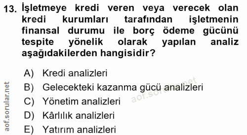 13. soru: İşletmeye kredi veren veya verecek olan kredi kurumları tarafından işletmenin finansal durumu ile borç ödeme gücünü t…