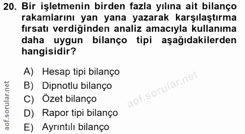 20. soru: Bir işletmenin birden fazla yılına ait bilanço rakamlarını yan yana yazarak karşılaştırma fırsatı verdiğinden analiz…