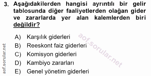 3. soru: Aşağıdakilerden hangisi ayrıntılı bir gelir tablosunda diğer faaliyetlerden olağan gider ve zararlarda yer alan kalem…