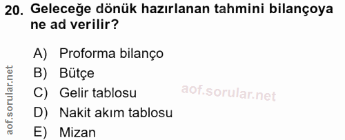20. soru: Geleceğe dönük hazırlanan tahmini bilançoya ne ad verilir? A) Proforma bilanço B) Bütçe C) Gelir tablosu D) Nakit akı…