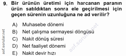 9. soru: Bir ürünün üretimi için harcanan paranın ürün satıldıktan sonra ele geçirilmesi için geçen sürenin uzunluğuna ne ad v…