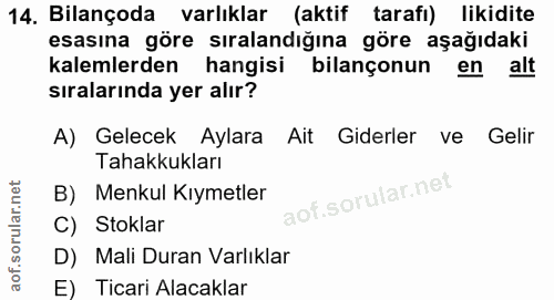 14. soru: Bilançoda varlıklar (aktif tarafı) likidite esasına göre sıralandığına göre aşağıdaki kalemlerden hangisi bilançonun…