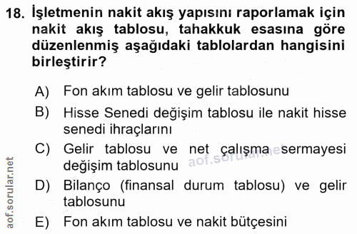 18. soru: İşletmenin nakit akış yapısını raporlamak için nakit akış tablosu, tahakkuk esasına göre düzenlenmiş aşağıdaki tablol…