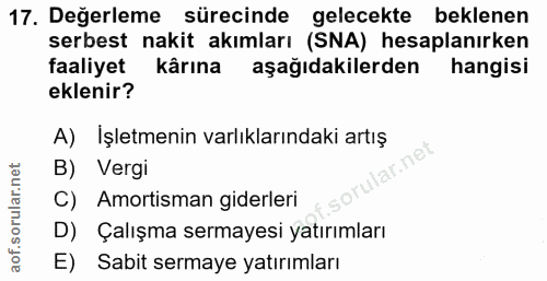 17. soru: Değerleme sürecinde gelecekte beklenen serbest nakit akımları (SNA) hesaplanırken faaliyet kârına aşağıdakilerden han…