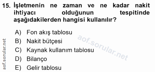 15. soru: İşletmenin ne zaman ve ne kadar nakit ihtiyacı olduğunun tespitinde aşağıdakilerden hangisi kullanılır? A) Fon akış t…