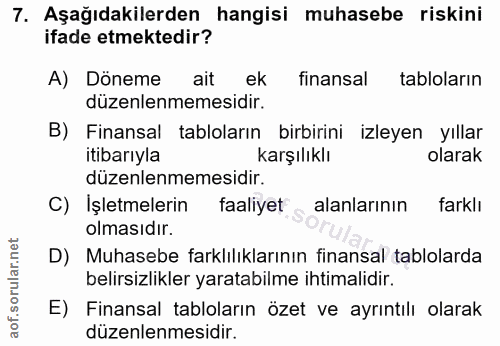 7. soru: Aşağıdakilerden hangisi muhasebe riskini ifade etmektedir? A) Döneme ait ek finansal tabloların düzenlenmemesidir. B)…