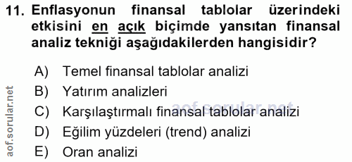11. soru: Enflasyonun finansal tablolar üzerindeki etkisini en açık biçimde yansıtan finansal analiz tekniği aşağıdakilerden ha…