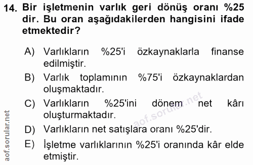 14. soru: Bir işletmenin varlık geri dönüş oranı %25 dir. Bu oran aşağıdakilerden hangisini ifade etmektedir? A) Varlıkların %2…