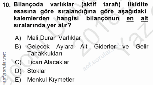 10. soru: Bilançoda varlıklar (aktif tarafı) likidite esasına göre sıralandığına göre aşağıdaki kalemlerden hangisi bilançonun…