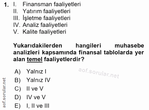 1. soru: 1. Finansman faaliyetleri Il. Yatırım faaliyetleri III. İşletme faaliyetleri IV. Analiz faaliyetleri V. Kalite faaliy…