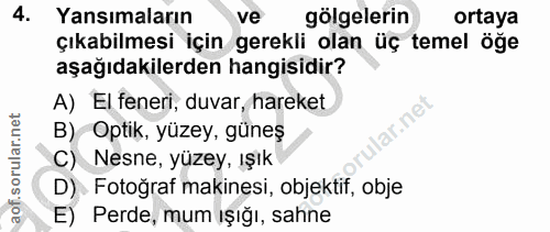 4. soru: Yansımaların ve gölgelerin ortaya çıkabilmesi için gerekli olan üç temel öge aşağıdakilerden hangisidir? A) El feneri…