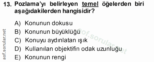 13. soru: Pozlama'yı belirleyen temel öğelerden biri aşağıdakilerden hangisidir? A) Konunun dokusu B) Konunun büyüklüğü C) Konu…