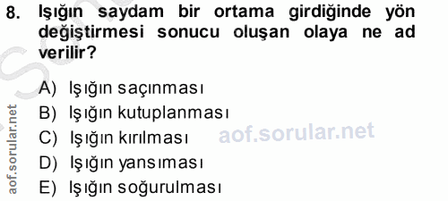 8. soru: Işığın saydam bir ortama girdiğinde yön değiştirmesi sonucu oluşan olaya ne ad verilir? A) Işığın saçınması B) Işığın…