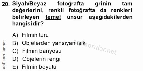 20. soru: Siyah/Beyaz fotoğrafta grinin tam değerlerini, renkli fotoğrafta da renkleri belirleyen temel unsur aşağıdakilerden h…