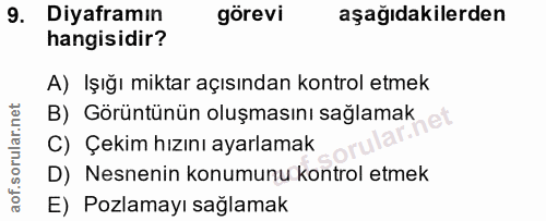 9. soru: Diyaframın görevi aşağıdakilerden hangisidir? A) Işığı miktar açısından kontrol etmek B) Görüntünün oluşmasını sağlam…