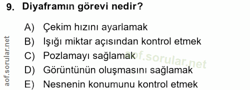 9. soru: Diyaframın görevi nedir? A) Çekim hızını ayarlamak B) Işığı miktar açısından kontrol etmek C) Pozlamayı sağlamak .sor…