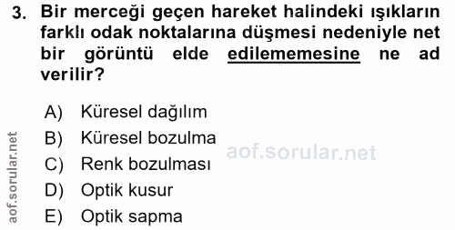 3. soru: Bir merceği geçen hareket halindeki ışıkların farklı odak noktalarına düşmesi nedeniyle net bir görüntü elde edilemem…