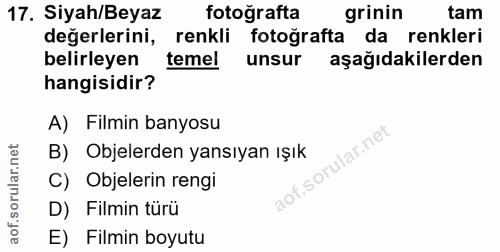 17. soru: Siyah/Beyaz fotoğrafta grinin tam değerlerini, renkli fotoğrafta da renkleri belirleyen temel unsur aşağıdakilerden h…